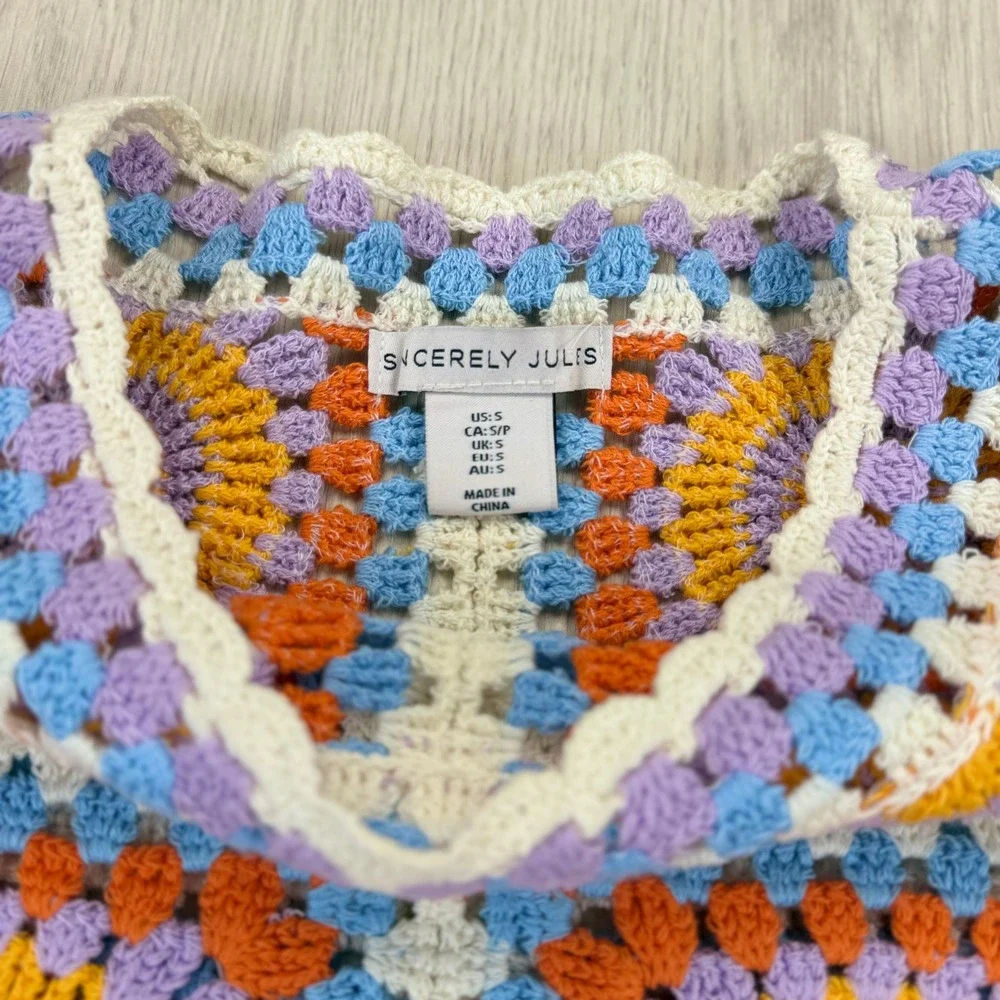 Sincerely Jules Women‎ Crochet Granny Square Crop Sweater Multi Color Boho Small